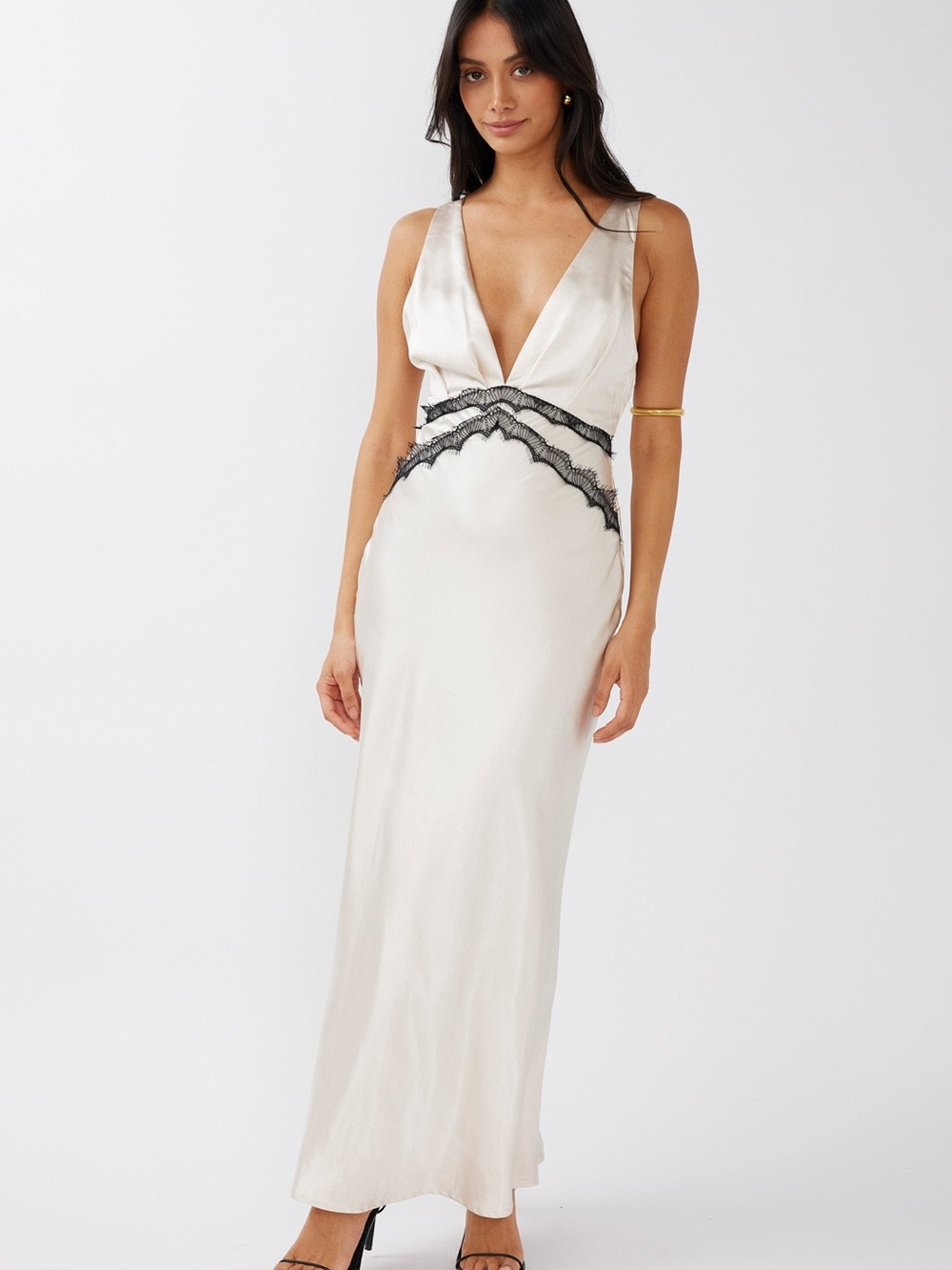 Selfie Leslie Theriz Lace Trim Tied Back Maxi Dress Champagne
